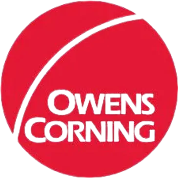 A red circle with the words owens corning in it.